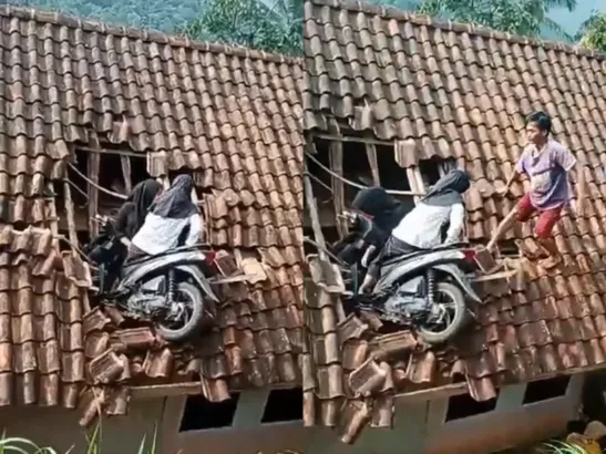 Viral, Motor dan 2 Perempuan Ini Tersangkut di Atas Genteng Rumah, Ini Penyebabnya